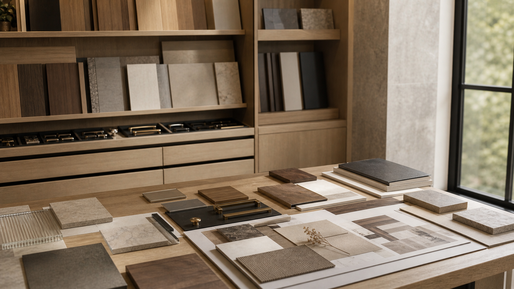 Biblioteka materiałów w pracowni kuchennej z próbkami drewna, kamienia, uchwytów i moodboardem na stole.